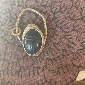 Artisan Sterling silver pendant with carved scarab stone. handmade by me.